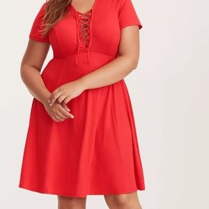 Red Jersey Lace- Up Skater Dress